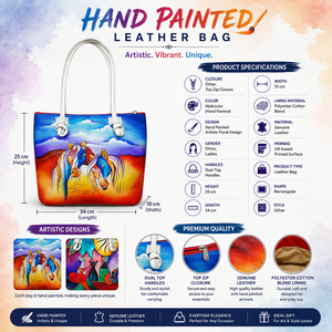 Hand Painted Genuine Leather Tote Bag Artisanal Horse Design Women's <b>Medium</b> Shoulder Bag Top Zip Closure Designer <b>Handbag</b> - Product Image 6