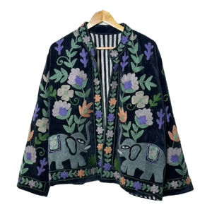 Blue Handcrafted Suzani Velvet <b>Jacket</b> Floral Elephant Embroidery Style For Unisex Boho <b>Hippie</b> coat Indian Wholesaler Of <b>Jacket</b> - Product Image 1