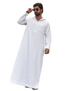 <b>Men's</b> Casual Cotton Praying Dress Solid Color Breathable <b>Thobe</b> Comfortable Muslim Clothing with Pockets - Product Image 3