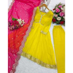 Vestido de Noche de Diseñador WW, Amarillo, Talla L, 700g, con Pantalón Elegante y Hermosa Dupatta para Fiestas - Product Image 4