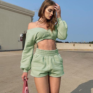 Women's Mint Green Two-Piece <b>Set</b> Off Shoulder Crop Top With Long Sleeves And High Waist Shorts Casual <b>Knitted</b> Cotton Spring - Product Image 2