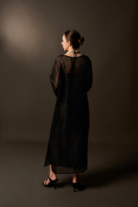 Women's Woven Silk Midi <b>Dress</b>, Asymmetrical Stripes, Crew Neck, Regular Sleeve, <b>Loose</b> Straight Fit, Casual Button Style - Product Image 5