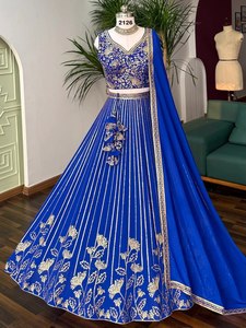 <b>Women</b> Traditional Coral Embroidered <b>Lehenga</b> Set With Silver Hem For Wedding India Pakistan Style - Product Image 4