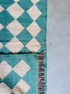 Tapis de couloir en laine et jute bleu sarcelle, motif géométrique à carreaux, style bohème Kilim, avec franges, Dhurrie, long, pour entrée, décoration de sol - Product Image 5