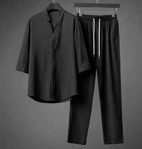 Men's Casual Two Piece Set Solid Color Cotton Shirt Pants Autumn Outfit V-Neck Breathable Woven Fabric - Product Image 2