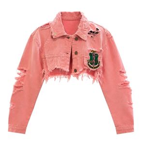 Pink Distressed Denim Cropped Bolero <b>Jacket</b> Women Long Sleeve Casual Outerwear Fashion Short <b>Jacket</b> Streetwear Trendy Apparel - Product Image 1