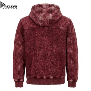OEM <b>Men</b> Oversized Acid-Wash Maroon <b>Burgundy</b> Full-Zip Heavyweight <b>Hoodie</b>, Panel Stitched Vintage Mineral Wash Fleece <b>Hoodie</b> - Product Image 2