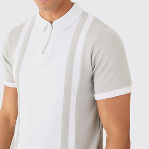 <b>White</b> & Grey Stripe Anti-Pilling Paneled <b>Zip</b> Polo Shirt for Men Premium Quality Streetwear Short Sleeves Slim Fit Polo Shirts - Product Image 3