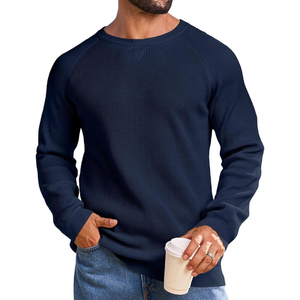 Pull à col rond vert pour homme, manches longues, tricoté, couleur unie, 100% coton, vêtements d'hiver, anti-boulochage - Product Image 3