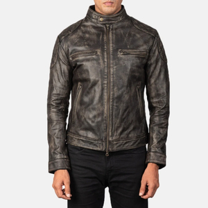Veste moto en cuir véritable noir pour homme, col montant, fermeture éclair, coupe ajustée, longueur normale, style automne - Product Image 5