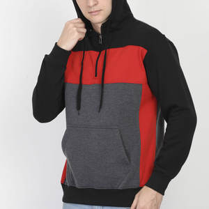 <b>Men's</b> Premium Tri-Tone Streetwear Hoodie | Red Black & Charcoal <b>Quarter</b>-<b>Zip</b> Jacket | Urban Athletic Gym Training Hooded Outfit - Product Image 3