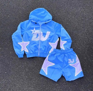New Custom Polyester/Cotton Winter Casual Windbreaker Set for <b>Men</b> Quick Dry Solid Color Zip-Up Hoodie & Shorts - Product Image 1