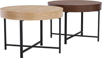 Table basse moderne en bois courbé avec plateau en placage de chêne naturel, structure en acier et compartiment caché pour salon