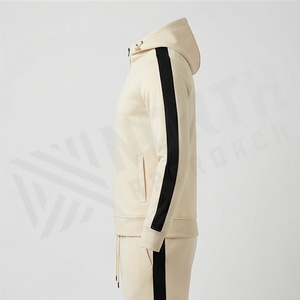 Survêtement à capuche pour homme, couleur crème, logo géométrique, fermeture éclair intégrale, vêtements de sport décontractés, tenue d'automne avec poches latérales - Product Image 3