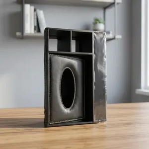 Leather Tissue Box Holder With Oval Cutout <b>Black</b> Color Portable Design For Car <b>Console</b> Storage - Product Image 4