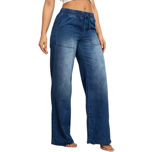 Jeans de Mezclilla Rectos de Color Azul Medio para Mujer, Cintura Media, Corte Regular, Estilo Casual Vintage Lavado, Moda Otoño, 100% Algodón - Product Image 1