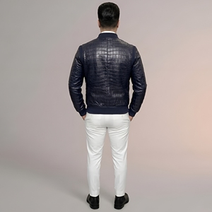 Blouson Bomber Unisexe en Cuir de Crocodile Gaufré de Qualité Supérieure, Personnalisable avec Impression au Dos, Style Streetwear, Fermeture Éclair Formelle, OEM - Product Image 6