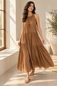 Vestido Maxi de Mujer, Color Marrón Caramelo, Sin Mangas, Cuello Redondo, Estilo Línea A, Transpirable, Lavable, 100% Algodón, Casual, para Uso Diario, Verano, Primavera - Product Image 4