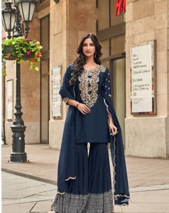 Salwar Kameez Tradicional para Mujer en Faux Georgette Azul Marino, Bordado, Largo hasta el Suelo, para Fiestas y Bodas, Estilo India/Pakistán - Product Image 3