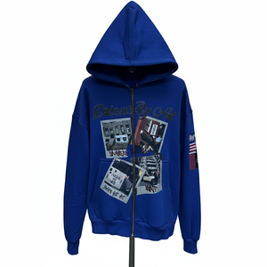 Sweat à capuche zippé oversize pour homme, style streetwear urbain, en molleton bleu roi avec patchwork graphique personnalisé et strass - Product Image 6
