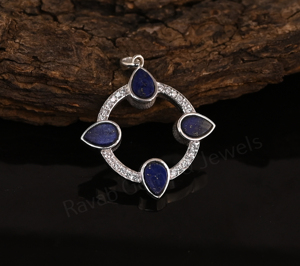 Pendentif unisexe en argent 925 plaqué rhodium, forme poire 4x6mm, serti clos, avec lapis-lazuli et motif floral, pavé, cadeau idéal, best-seller - Product Image 3