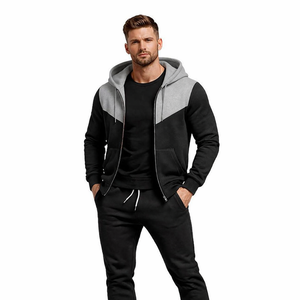 Men’s Black Grey Contrast Hoodie Tracksuit Slim Fit <b>Zip</b> <b>Up</b> <b>Jacket</b> Jogger Pants Casual Sportswear Gym Fitness Outfit Set - Product Image 4