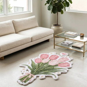 Alfombra de Lana con Diseño Geométrico Antideslizante, Hecha a Mano, con Motivo de Ramo de Tulipanes Rosas, Alfombra Decorativa Suave para Dormitorio o Sala de Estar - Product Image 6