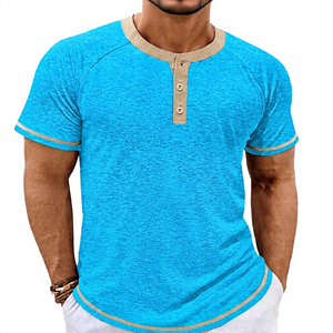 Men's Pink <b>Henley</b> T-<b>Shirt</b> Short Sleeve Knitted Cotton Regular Fit Casual Solid Color Contrast Trim O-Neck - Product Image 2