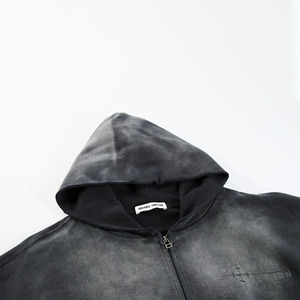 Custom Heavy <b>Weight</b> Double Zipper-up Hoodie Black Vintage Distressed Streetwear Acid Wash 400GSM Hoodie <b>Blank</b> Hoodies for Men - Product Image 5