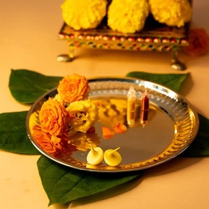 Designer Storage Brass Pooja Thali Set Antique Design Puja <b>Plate</b> with Diya Bell Kalash Temple <b>Decor</b> - Product Image 3