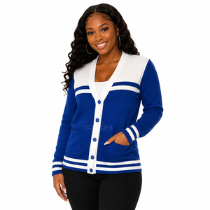Cosh International Acrylic Wool Blend Stylish Sorority Sisterhood Breathable Warm Blue White Contrast Knitted <b>Cardigan</b> <b>Sweater</b> - Product Image 1