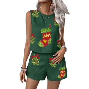Conjunto de Dos Piezas a Cuadros Verde para Mujer, Top Corto sin Mangas con Bordado de Muñeco de Nieve y Pantalones Cortos con Volantes, Casual, Transpirable, para Primavera/Verano - Product Image 2
