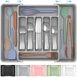 Organizzatore per posate da cucina espandibile extra large, senza BPA, per alimenti, in argento, per cassetti e utensili - Product Image 1