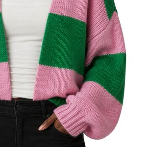 Cardigan à rayures rose et vert pour femme, pull en tricot décontracté, cardigan à manches longues, doux et chaud, vêtement d'extérieur pour superposition - Product Image 3