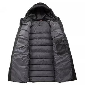 Manteau long à capuche pour homme, noir, décontracté, en polyester, avec poches, logo sur le devant, fermeture éclair, parka - Product Image 5