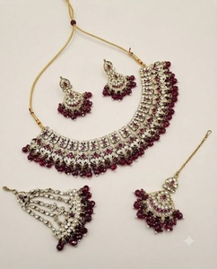 Indian Bridal <b>Jewelry</b> Set CZ Stone Necklace With Earrings Mang Tika & Pasa <b>Pakistani</b> Wedding Dulhan Crystal Beaded Jewellery Set - Product Image 1
