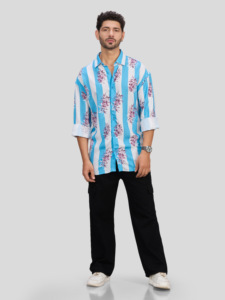 Chemise décontractée pour homme à rayures bleues et blanches, imprimé floral, manches longues, col rabattu, respirante, en polyester, pour toutes les occasions - Product Image 2