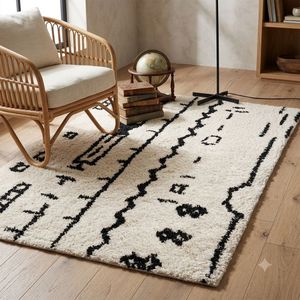 Alfombra de Algodón Hecha a Mano con Diseño Tribal Abstracto en Blanco y Negro, Alfombra Moderna para Sala de Estar o Dormitorio - Product Image 2