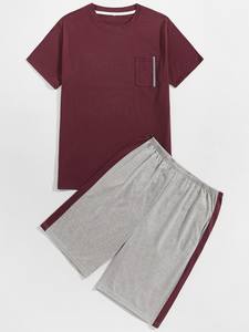 Conjunto de Camiseta y Pantalones Cortos de Algodón para Hombre, Color Sólido, Cuello Redondo, Bolsillo, Ribete en Contraste, Ropa Casual, Corte Regular - Product Image 3