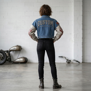 Custom <b>Denim</b> Zip Up <b>Jacket</b> Flame Sleeve Street Wear Casual Fashion <b>Cropped</b> Outerwear For Women And Unisex Wear - Product Image 5