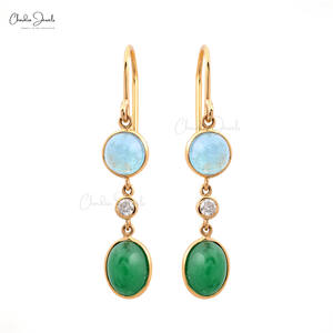 Pendientes de Oro Amarillo Fino de 14k con Esmeralda y Aguamarina Auténticas, Engastados con Diamantes, Diseño de 3 Piedras Colgantes, Disponibles en Stock - Product Image 2
