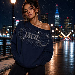 Sudadera con capucha de algodón polar azul marino con hombros descubiertos y pedrería para mujer, con bolsillo canguro, de marca personalizada, fabricante mayorista - Product Image 5