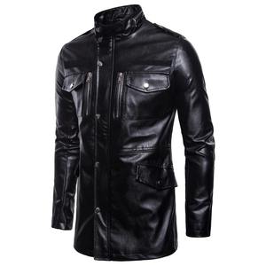 Chaqueta de cuero impermeable larga para hombre con cuello levantado y cuatro bolsillos abrigo de motocicleta de color sólido en stock disponible - Product Image 2