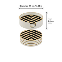 Ensemble de 4 dessous-de-verre ronds en plastique et verre, motif chevron noir et or, avec support, pour bar, table et décoration intérieure