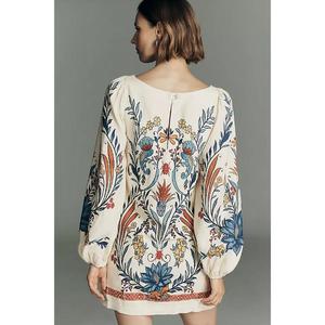 Robe décontractée de luxe pour femme en lin imprimé, plissée, à manches bouffantes, personnalisée, en coton tricoté de haute qualité, à manches longues - Product Image 2