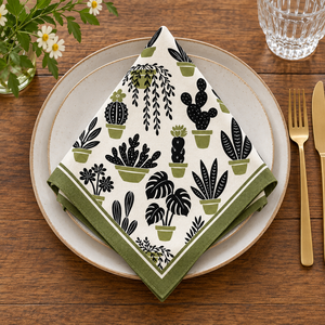 Serviette de table en coton imprimé de qualité supérieure avec motif botanique de cactus et plantes en pot – Serviette de table décorative pour la maison et les restaurants - Product Image 3
