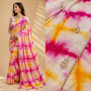 Sari de mariage vintage Tie Dye Jaipur Shibori rose jaune en modal, vente en gros, broderie miroir, vêtements de fête pour femmes, OEM - Product Image 3