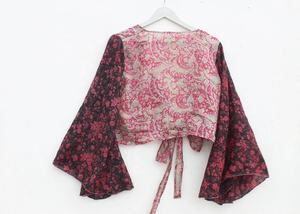 New Arrival Short Woven Eco-Friendly Recycled Silk Wrap Tie Top Bell Sleeve Kimono <b>Gift</b> <b>for</b> <b>Her</b> Floral - Product Image 6