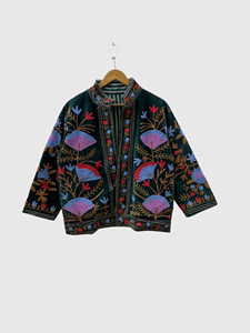 Chaqueta de Terciopelo con Bordado Floral a Mano, Cuello Mandarín, Manga Larga, Talla Grande, Abrigo de Otoño para Mujer, Estilo Prairie Chic - Product Image 1
