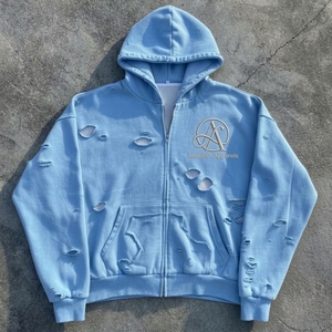 Sweat-shirt à capuche zippé oversize bleu clair pour homme, logo brodé, effet usé, poche déchirée, style streetwear - Product Image 1